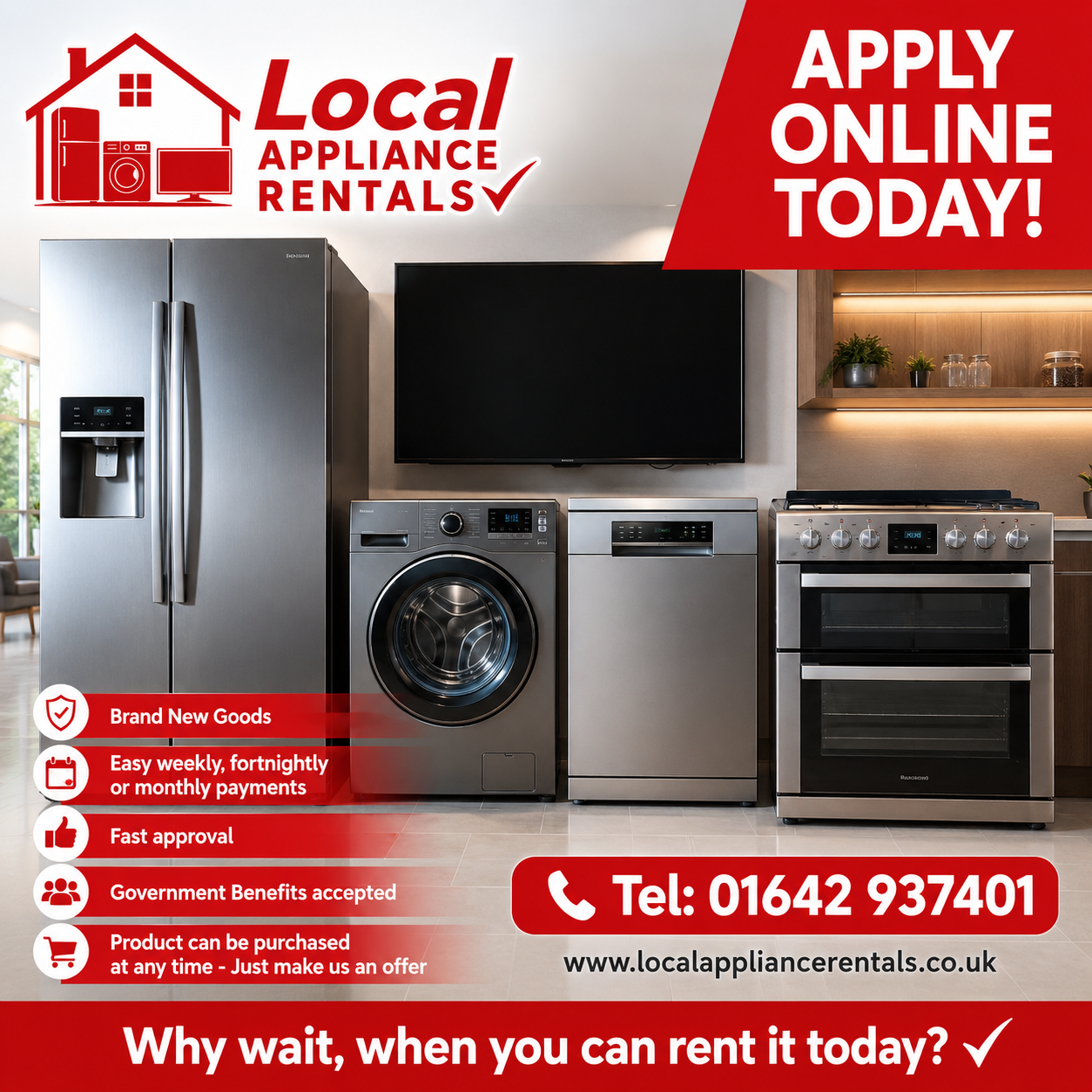A kitchen with a fridge, washing machine, dishwasher, cooker and television